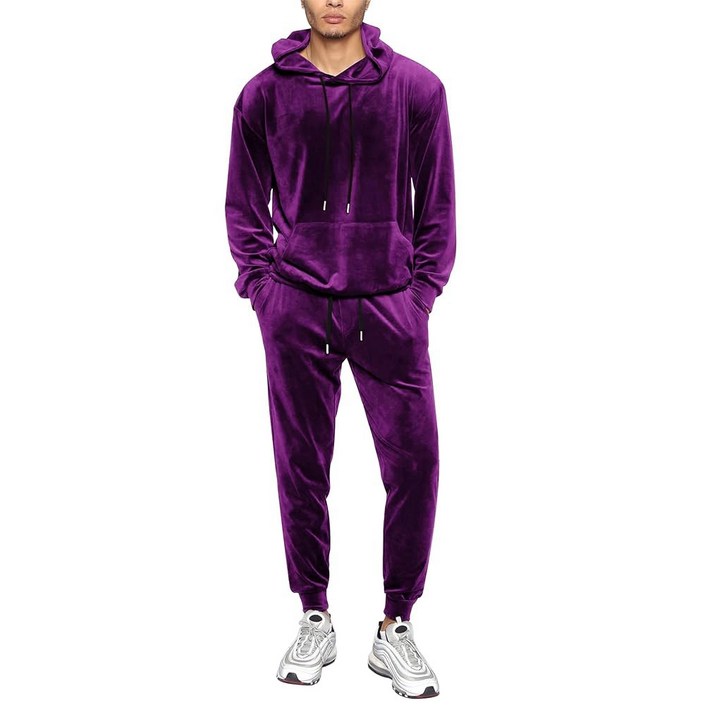 렉기 남성 2피스 벨루어 후디 운동복 긴팔 벨벳 후드 풀오버 캐주얼 운동 조깅 트레이닝복 세트
