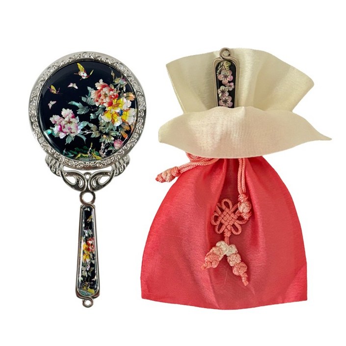 포미모어 자개손거울 전통 나전칠기 손잡이 공주손거울, 1개, 목단꽃(블랙)