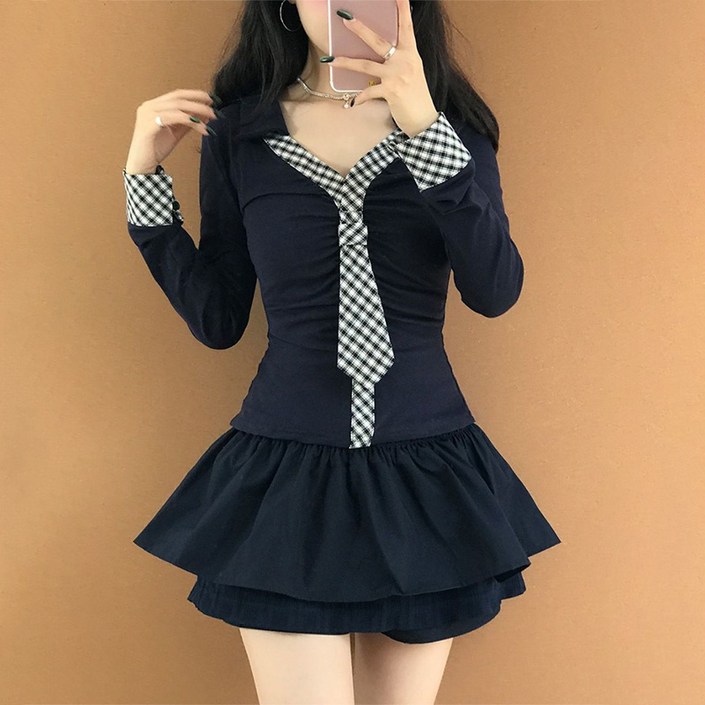 TIMEPURE 여성 봄 가을 긴팔 티셔츠 스커트 세트 캐주얼 데일리 투피스 라운드넥 롱스커트 편안한 레이어드 패션 데일리룩 상하세트