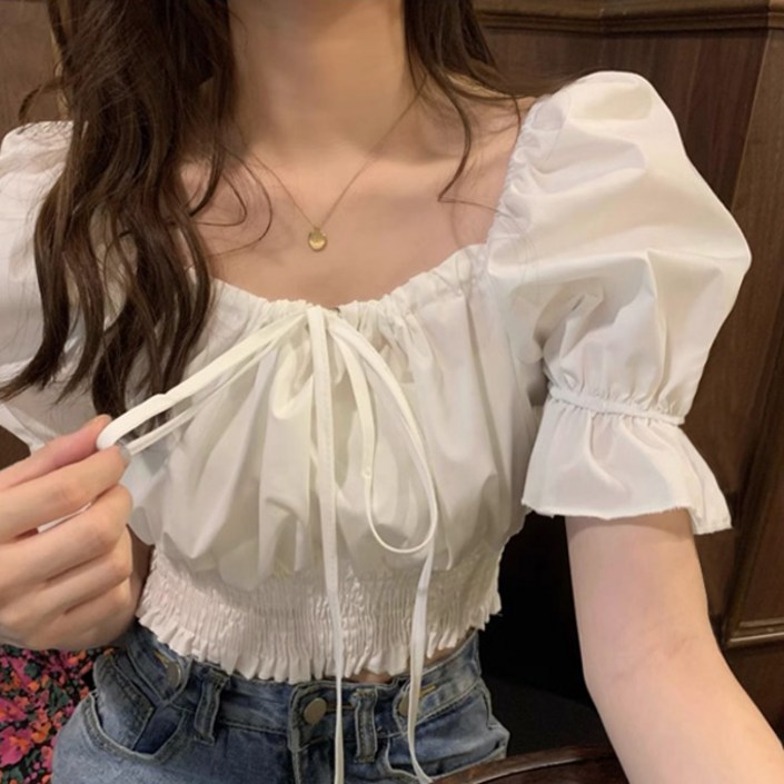 라라홀리 웨이스트 셔링 퍼프소매 리본 프릴 크롭 블라우스
