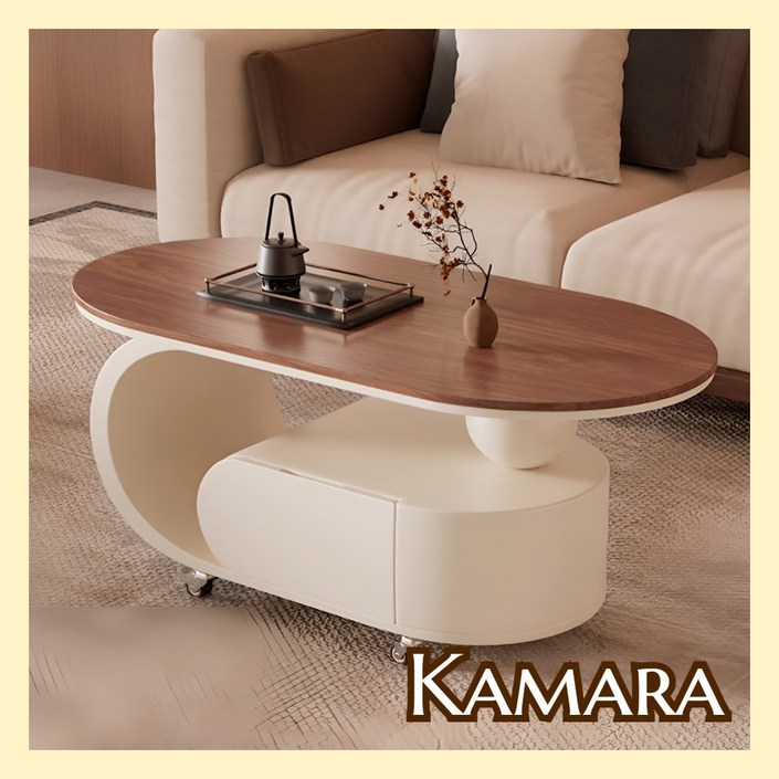 카마라 인테리어 거실 테이블 북유럽 이동식 낮은 서랍 탁자 디자인 타원형 좌식, 원목흰색 120