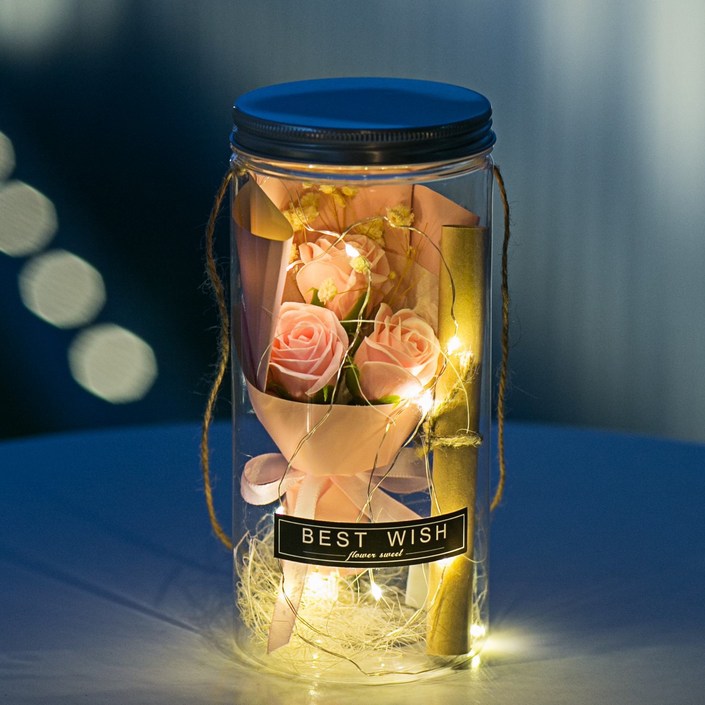 [ 아르띠콜로 장미꽃 편지지 LED 무드등 ] 로맨틱 홀로그램 여자 친구 기념일 고백 선물 특별한 여친 생일 선물 꽃다발, 핑크+편지지