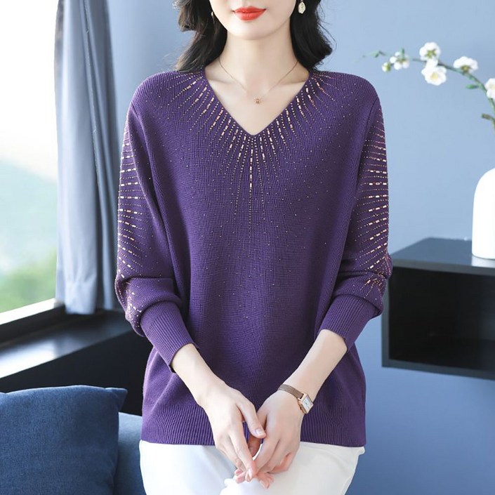 지고다그 빅사이즈 여성 봄가을 브이넥 니트 루즈핏 얇은 스웨터 중년 엄마옷 상의 SX70734