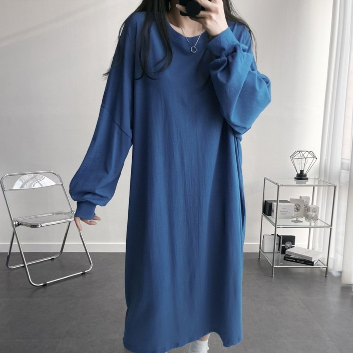 [왕박시/~4XL] 국산 오버핏 빅사이즈 무지 긴팔 맨투맨 롱 원피스