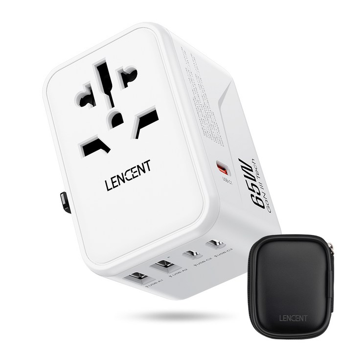 LENCENT 5포트 고속충전 65W 해외 여행용 멀티 플러그 어댑 한국 미국일본태국베트남중국호주영국싱가포르말레이시아 변환 Type ACGI 플러그 화이트, 1개