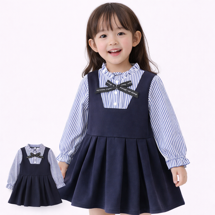 여아 네이비 스쿨룩 원피스 스트라이프 레이어드 플리츠 아동원피스