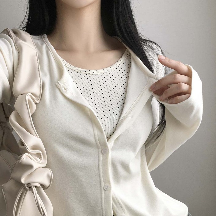 일체형 도트 레이어드 쫀득 슬림 이중가디건 긴팔티셔츠