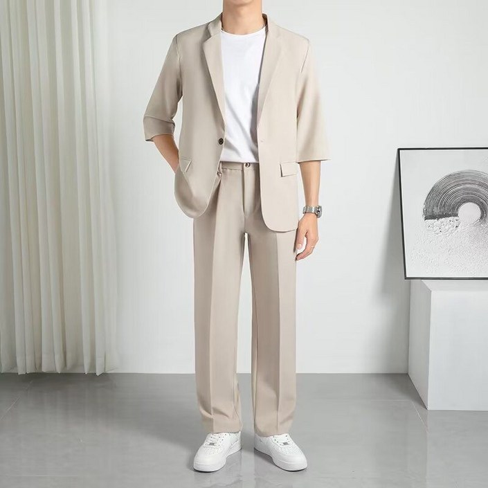 남자 여름 정장 세트 빅사이즈 루즈핏 얇은 반팔 재킷  와이드 팬츠 고급 남성 세미 정장 세트 YJW