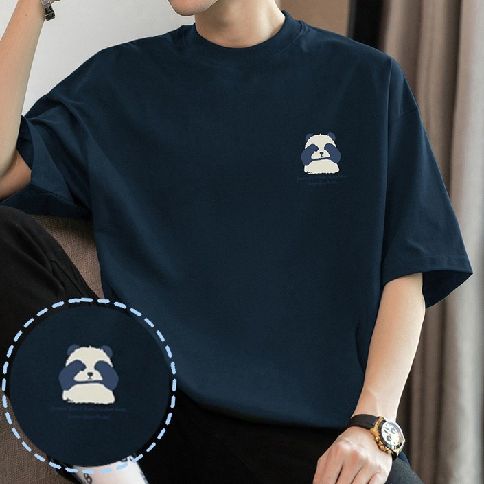 260g코튼 라운드넥 순면 곰돌이 프린트 남성 반팔 티셔츠