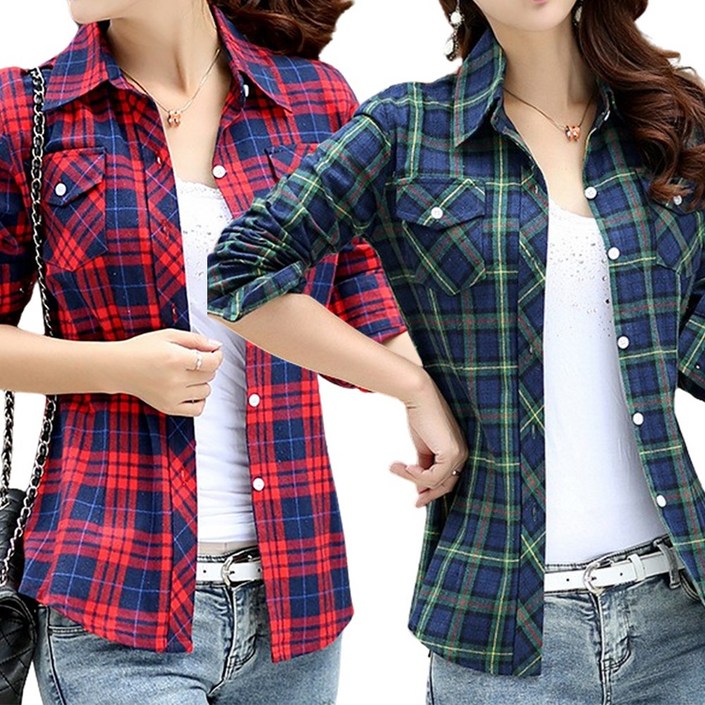 로로비 11 슬림핏 면 여성셔츠 면 여성체크남방 긴팔 셔츠 블라우스