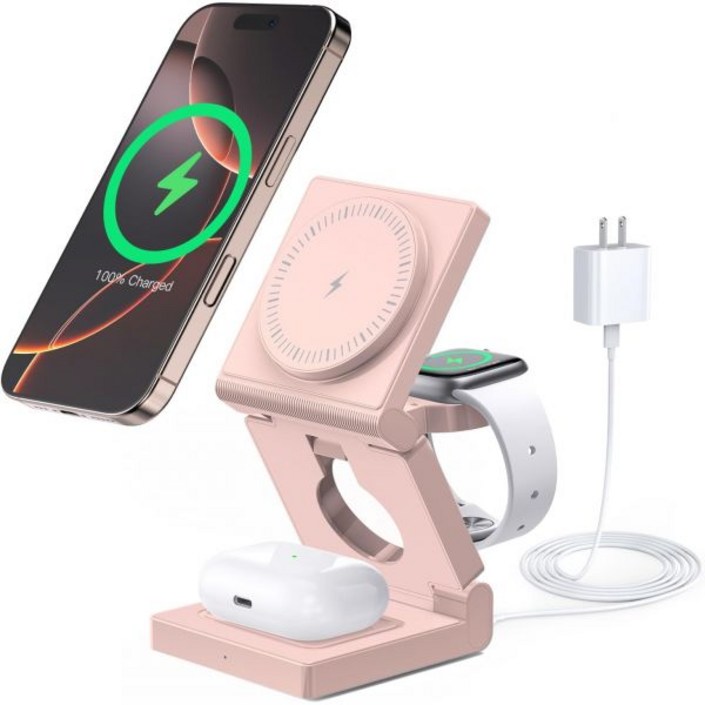 Apple 멀티플 디바이스용 3 in 1 무선 충전 스테이션  접이식 마그네틱 충전기 도크 iPhone 16 15 14 13 프로프로 맥스플러스워치 및 에어팟용 여행용