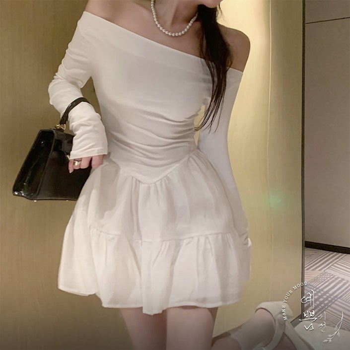 예쁨시전 로맨틱 무드 셔링 오프숄더 플레어 긴팔 미니 원피스