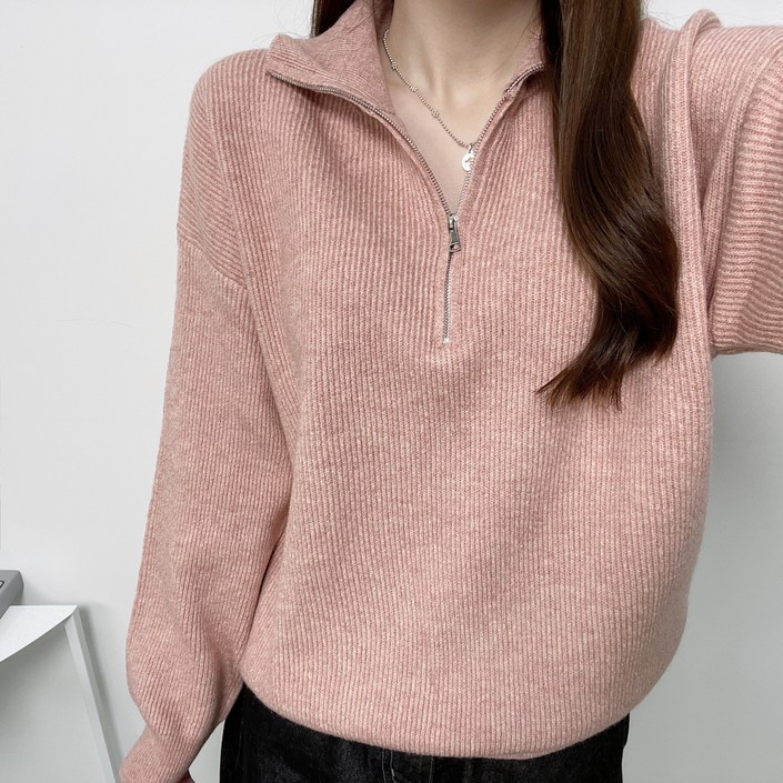 (유니크/Wool)루즈핏 폴라넥 아델라 반집업 니트