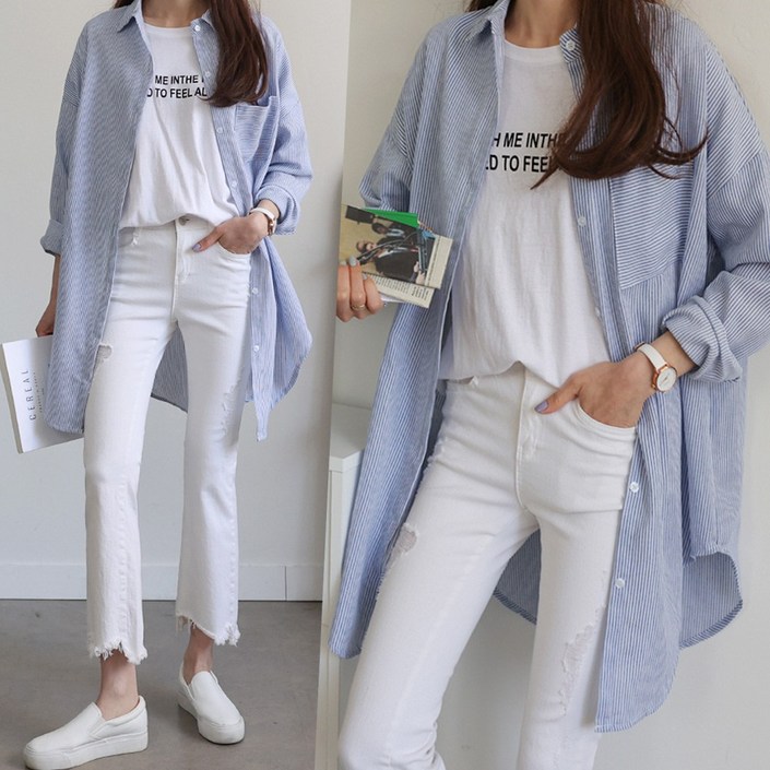 하늘바라기 여성용 모던 스트라이프 롱 셔츠
