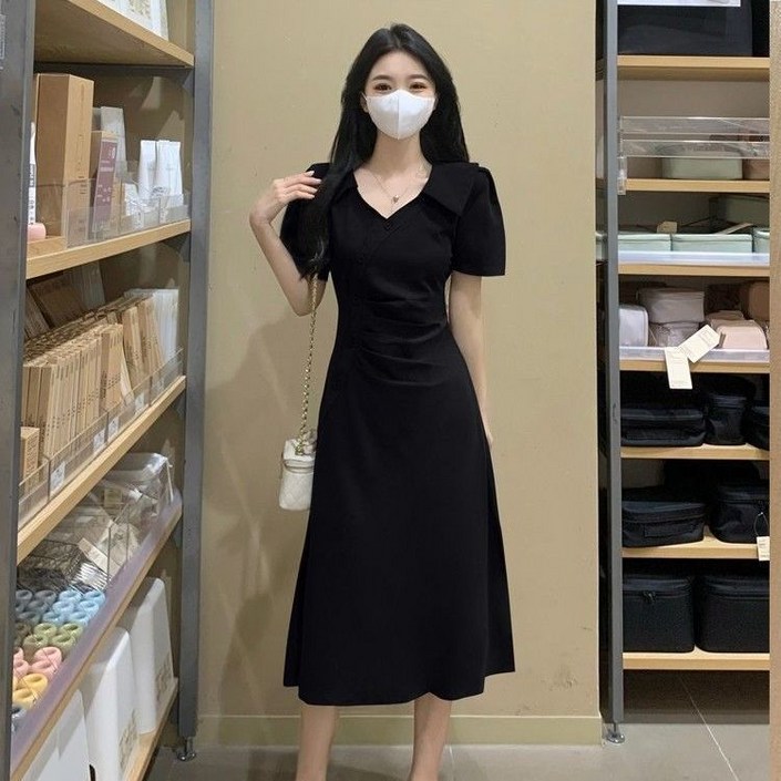 신상 한국판 심플 통근 A라인 긴팔 미디스커트 브이넥 주름 디자인