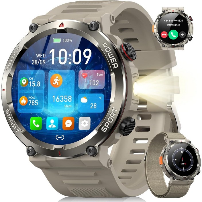 IOWODO W50 Pro 아웃도어 스마트워치 1.45인치 960mAh 초대용량 배터리 군용급 내구성 통화 가능 IP68 방수, 블루투스, 5.2cm, 카키색