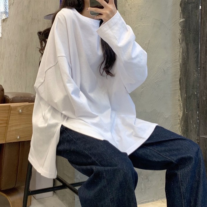 베이직 무지 여성용 옆트임 오버핏 빅사이즈 티셔츠