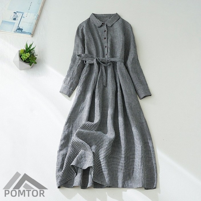 POMTOR 여성 빅 사이즈 루즈핏 클래식 체크 바캉스 린넨 카라 긴팔 롱 원피스 POMTOR 여성 빅 사이즈 루즈핏 클래식 체크 바캉스 린넨 카라 긴팔 롱 원피스