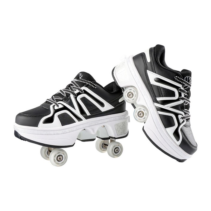 축소 가능한 롤러스케이트 성인 롤러스케이트 4륜 스케이트 밤에 빛나는 LED등 롤러스케이트, 흑백색502, 1개