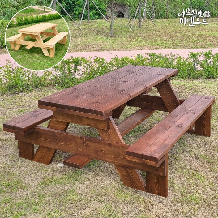 올리브가구 일체형 야외원목테이블 카페테이블 야외평상 바베큐그릴 파라솔 별도 야외테이블세트, 정품형테이블 8인 월넛색2회도색