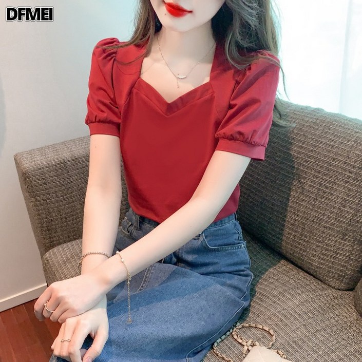 DFMEI 사각넥순정어깨슬림티셔츠맨투맨심플반팔양기상의여