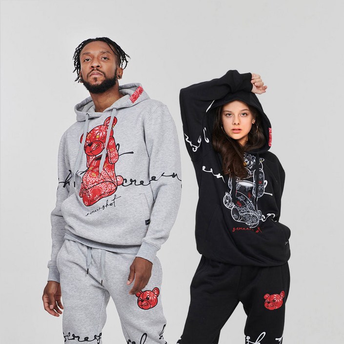 무니크영 H1122  남녀공용 빅사이즈 프린트 자수 패치 오버핏 페이즐리 패턴 베어 후드티