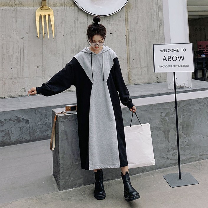 여성용 캐주얼 배색 후드 롱 원피스 루즈 맨투맨 원피스 데일리룩 봄 가을