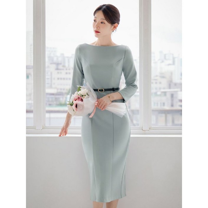 시크라인XXL까지 디라엔 보트넥 H라인 벨트 미디 원피스 가을 하객룩 오피스룩 모임룩 격식룩 빅사이즈