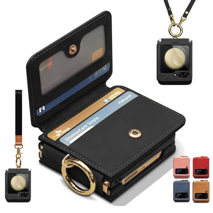 Z플립 7 6 5 4 3 손목, 어깨 스트랩 핑거 링 카드3장 수납 힌지보호 지갑형 갤럭시 제트 플립 카드 수납 PU 가죽 폰케이스 휴대폰 정품 삼성 핸드폰 케이스  제이콥스타일