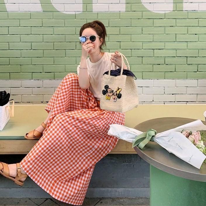 Aec go 여성 통바지 체크 빅사으즈 패션 치마바지