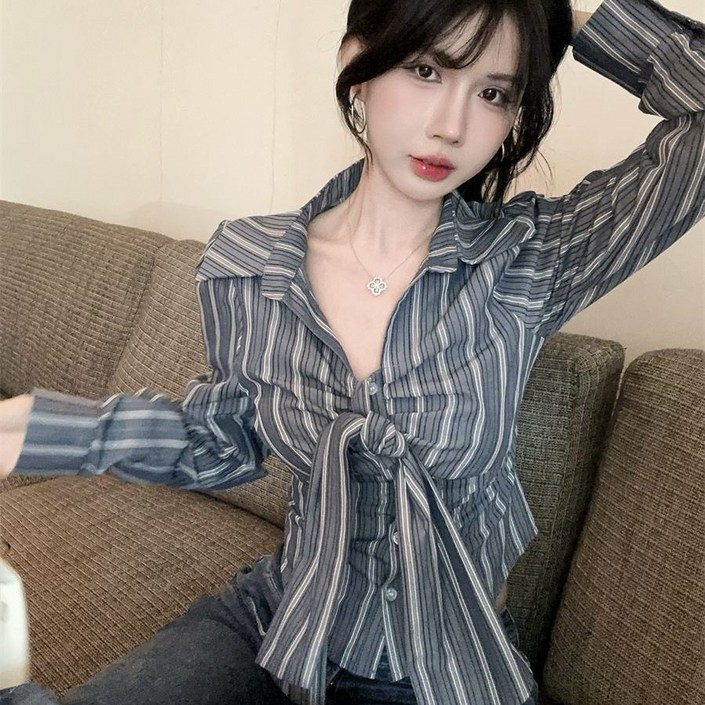 COSYEVNO  여성 봄가을 스트라이프 리본 타이 셔츠 슬림핏 블라우스 TZKxscs8