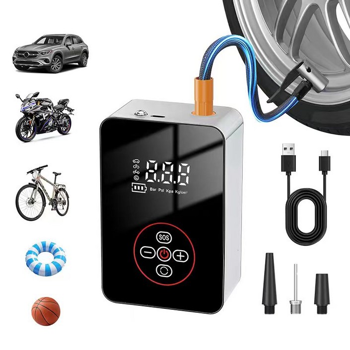 Helloleiboo 휴대용 무선 타이어 인플레이터, 다목적 올인원 공기 펌프압력 모니터LED 손전등, Black, 1개