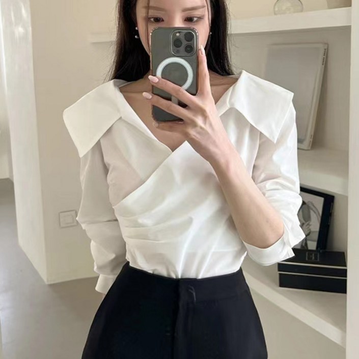 라라홀리 세미 오프숄더 청순 카라넥 허리 셔링 긴팔 셔츠