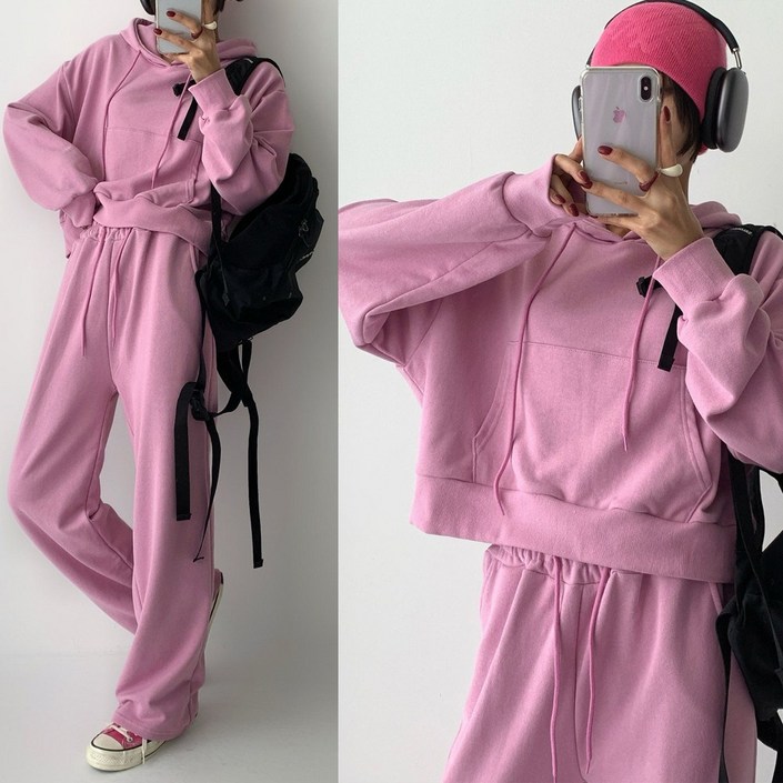 r34 크롭 후드세트 후드맨투맨밴딩통바지 트레이닝세트 빅사이즈 루즈핏 국내생산 가을신상 긴팔티