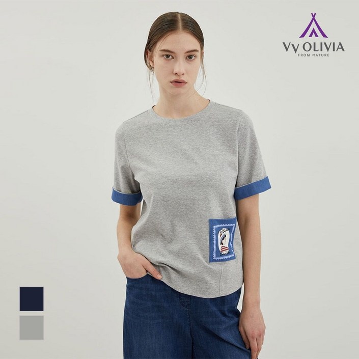 올리비아로렌 여성용 우븐프린트 패치 티셔츠 VVCAS4M4291