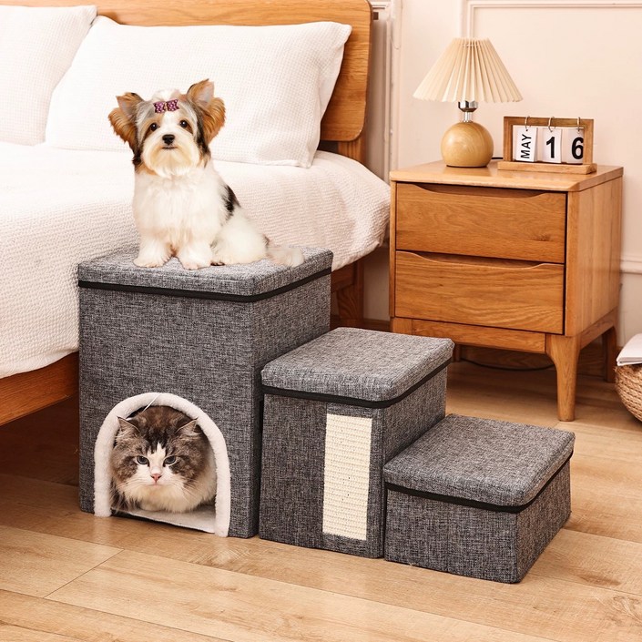 Zebeer 3단 애견 계단 하우스 수납형 미끄럼 방지 접이식 애견 계단