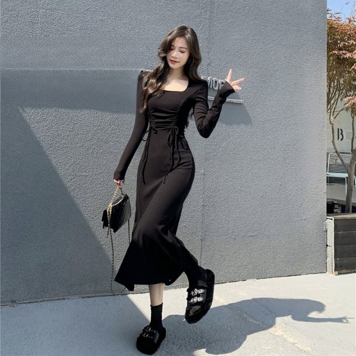 미중 여성 봄가을 뉴 예쁜 고급 허리조임 날씬 슬림핏 머메이드 무지 스퀘어넥 긴팔 원피스 Lyy