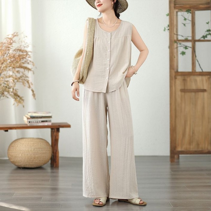 UNIQUEZON 여성 여름 린넨 투피스 세트 시원한 면마 나시티 와이드 팬츠 상하의 셋업