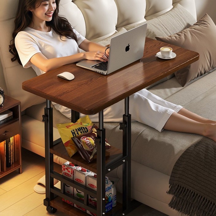 KOKHUB 높이조절 이동식 사이드테이블 사이드데스크 다용도 컴퓨터 책상, 호두색