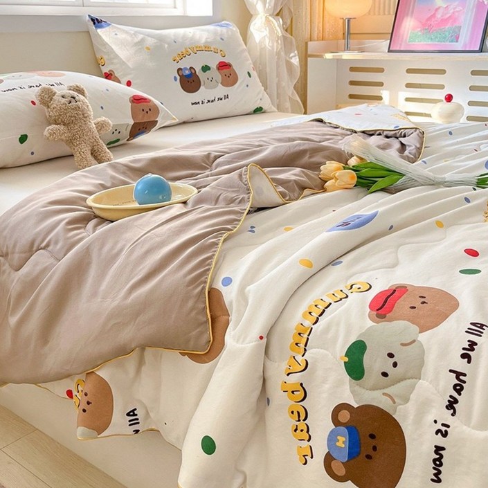 WoWo 여름 이불 워싱 사계절 이불 쿨링 이불 가볍고 시원한 사계절 이불 곰돌이 이불