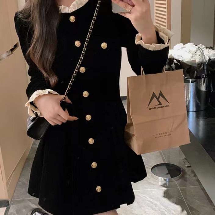 COSYEVNO 여성 미니 원피스 가을 겨울 벨벳 싱글버튼 기질 스커트