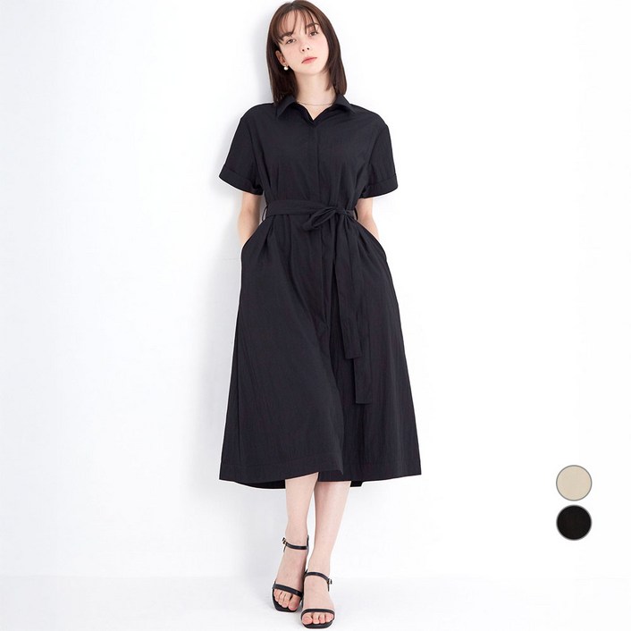 ELLE PARIS 여성용 벨티드 반팔 셔츠 원피스