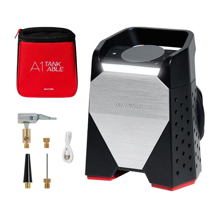 메이튼 타이어 공기압 주입기 무선 휴대용 다용도 보조배터리 탱커블  90cm 빌트인호스  3종노즐  충전 케이블 세트, 블랙, 1세트