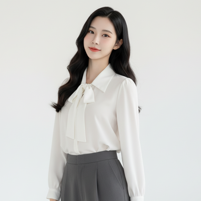 마켓피아 여성용 봄 리본 긴팔 블라우스