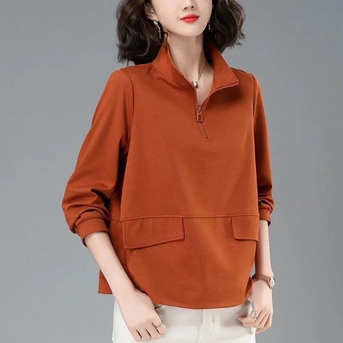 지고다그 여성용 가을용 순면 긴팔 루즈핏 반집업 포켓 맨투맨 캐주얼 상의 YY32094