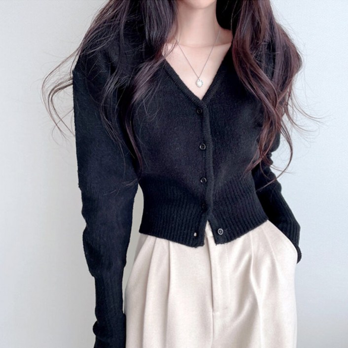 라라홀리 포근 브이넥 데일리 심플 슬림 크롭 니트 가디건