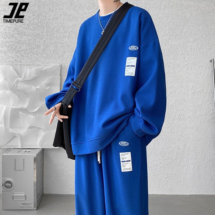 TIMEPURE 남성 빅사이즈 후드티+트레이닝팬츠 상하세트 와플무늬 캐주얼 트레이닝복 남성 후드티세트