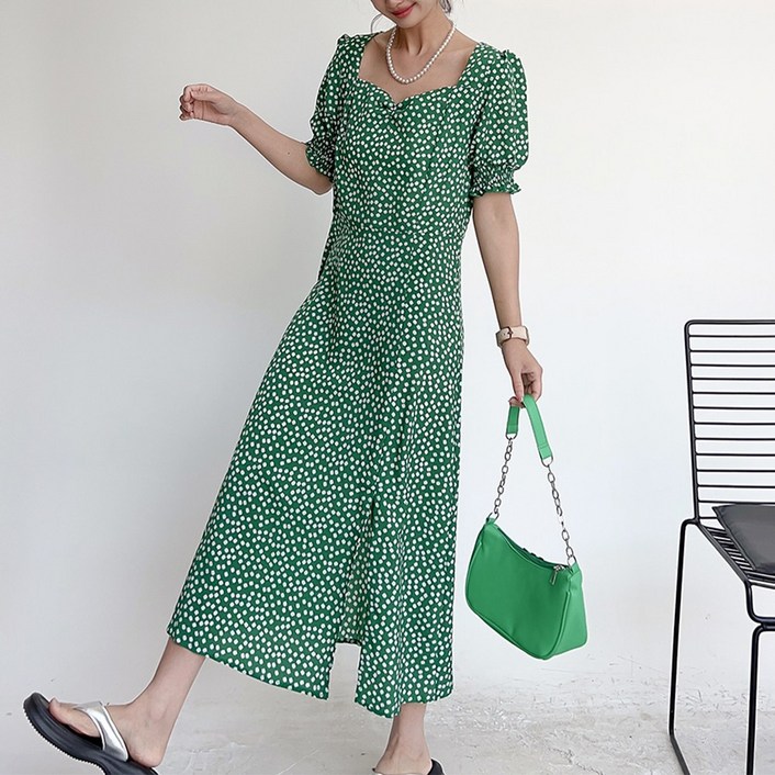 에리페 여성용 비비드 플라워 도트 롱 원피스