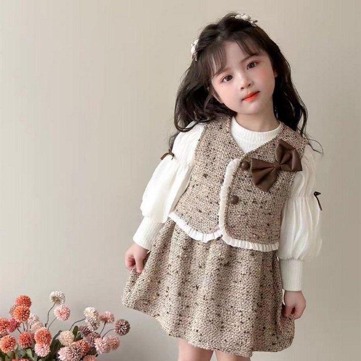 투에그 여아 트위드 리본 베스트 스쿨룩 원피스 세트