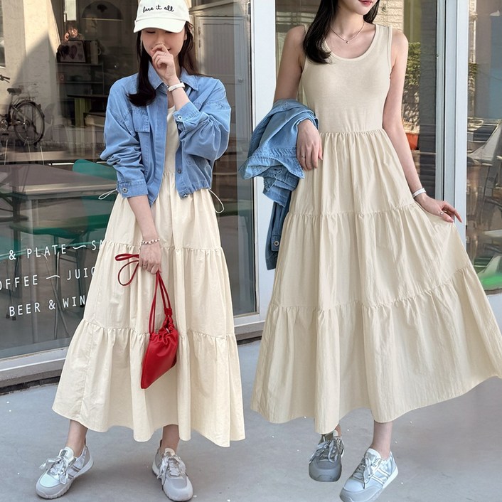 데일리앤 이올라 민소매 이너 레이어드 나시 플레어 캉캉 셔링 롱 바스락 원피스 봄 여름 가을